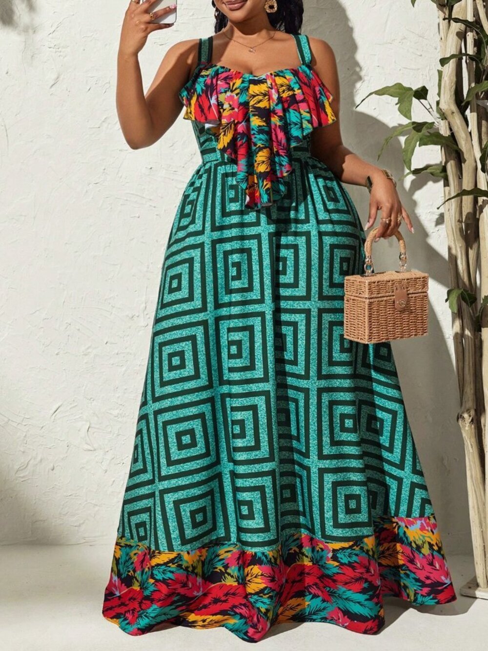 Green Boho Women's Plus Size Geometric Tropical Print V-Neck Pleated Dress
